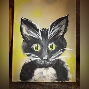 Original Art Black Cat Portrait Acrlylic Painting  16x12 Moody On Canvas